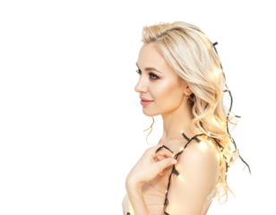 Fair woman with curly blonde hair, side profile, wrapped in small glowing lights, against dark background