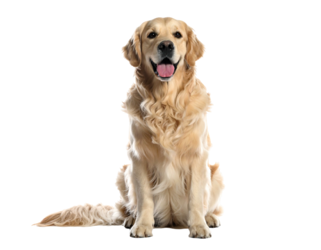 Golden retriever sits, isolated on black. Tongue visible, looking forward