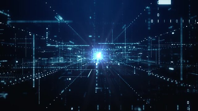 Abstract futuristic digital data network with glowing blue light and virtual grid, perfect for tech, AI, and cybersecurity themes. Technology digital data background