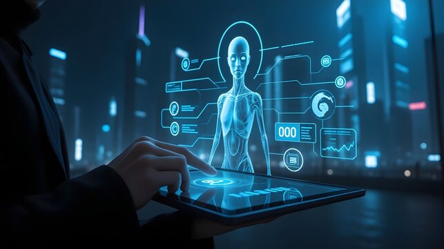 Modern digital healthcare solution with futuristic interface shows patient body scan on tablet for medical research and telehealth innovation