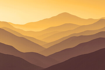mountains in the morning - Layered Mountain Landscape in Warm Tones—Stylized Scene with Purple, Orange, and Yellow Gradients Representing Depth, Serenity, and Atmospheric Beauty at Sunrise or Sunset