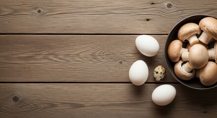 Rustic wooden table with fresh eggs and mushrooms in a bowl overhead view
