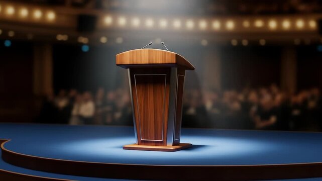 Wooden podium stands center stage, lit. Blurred audience and lights in background
