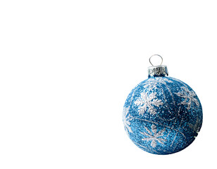 A blue ornament with frosty white snowflake decals against a black background, positioned in the bottom right corner