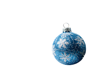 A blue ornament with frosty white snowflake decals against a black background, positioned in the bottom right corner
