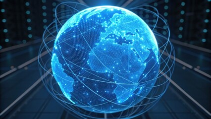 A glowing, digital representation of Earth surrounded by data streams, showcasing a futuristic view of the planet.