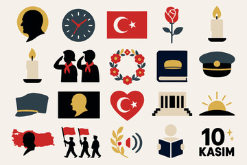 November 10th Commemoration with Turkish Symbols and Icons for Atatürk Day