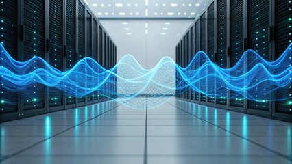 A futuristic data center with server racks and visualized data waves, showcasing advanced technology and digital connectivity.