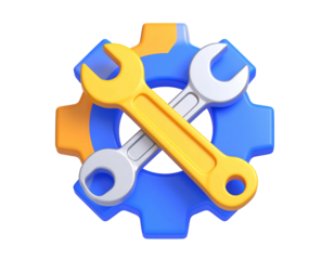Gear with crossed wrenches, 3D render. Blue, yellow, and orange, isolated on black background, with subtle shadows
