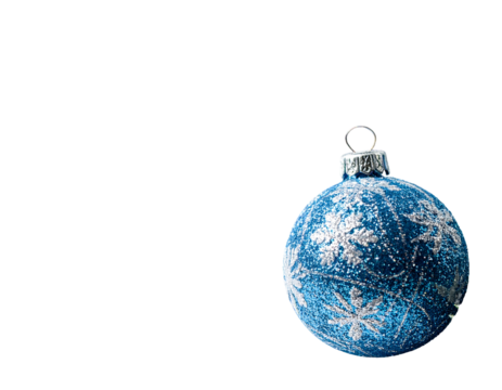 A blue ornament with frosty white snowflake decals against a black background, positioned in the bottom right corner