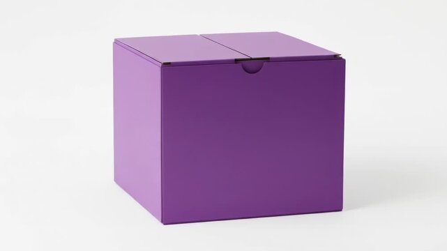 A square purple box with a hinged lid on a white surface, simple design