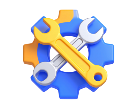 Gear with crossed wrenches, 3D render. Blue, yellow, and orange, isolated on black background, with subtle shadows