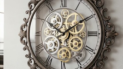 A close-up view of an antique clock, revealing its inner workings, Roman numerals, and ornate design - Powered by Adobe