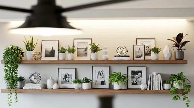 Modern home interior, featuring floating shelves adorned with plants, photos, and decorative items