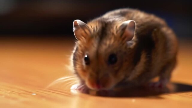 Close-up of a brown rat nibbling seeds on a wooden surface under soft indoor lighting, highlighting cute details and natural behavior