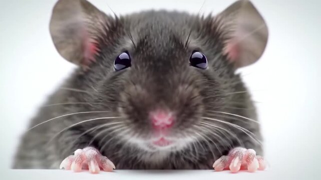 Macro video of a gray mouse staring curiously at the camera with soft lighting and shallow depth of field