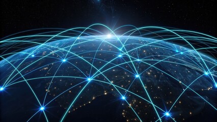 A digital representation of Earth showcasing interconnected networks and data flow, highlighting global connectivity and technology's impact on communication.