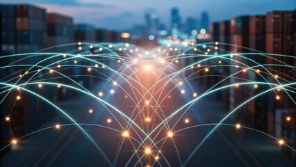 A network of glowing lines connects shipping containers, symbolizing logistics and global trade, with a city skyline in the background.