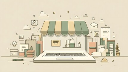 Digital commerce storefront setup appears on a portable computer screen surrounded by outline icons representing business elements