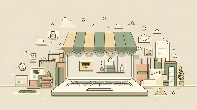 Digital commerce storefront setup appears on a portable computer screen surrounded by outline icons representing business elements