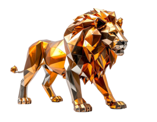 Geometric gold lion sculpture on a black background, captured in a studio lighting setting