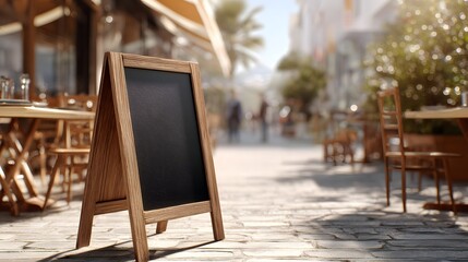 Empty wooden sandwich board rests on a sunlit pedestrian street outside a cafe
