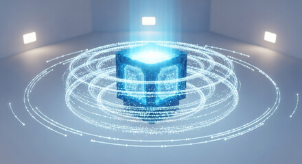 Glow of the Digital Core Futuristic Data Cube with Holographic Rings in a Minimalist Server Room, Symbolizing Advanced AI and Big Data Innovation