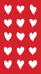 Pattern of white hearts on a red grid background. Hearts repeat in rows. Red and white create a striking contrast. Simple heart design on red grid. Cute hand drawn Valentine's Day vector set.