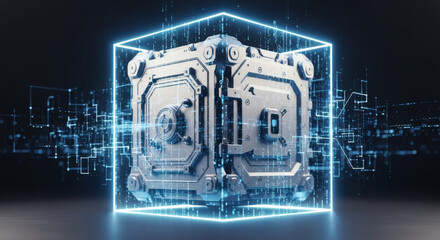 A secure, futuristic data vault or server crate enclosed within a protective holographic field of glowing blue digital information