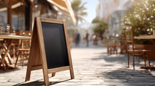 Empty wooden sandwich board rests on a sunlit pedestrian street outside a cafe