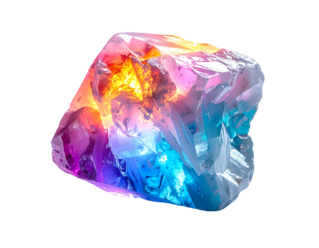 Gemstone in blue, pink, & orange tones, against a black background. Crystals shimmer & reflect light, creating depth