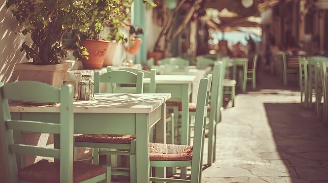 Outdoor cafe tables and chairs line a sunlit mediterranean alleyway