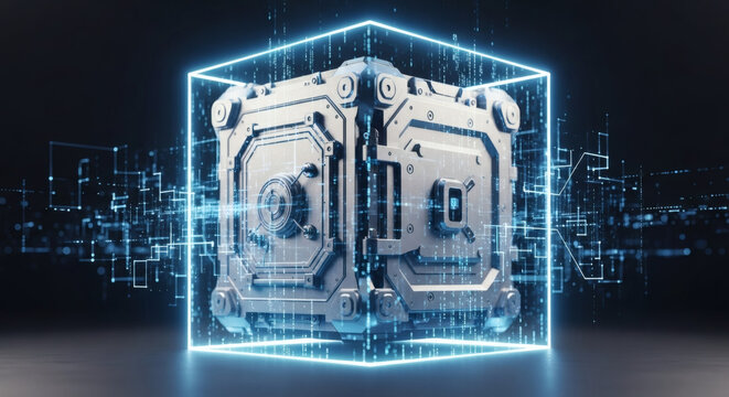 A secure, futuristic data vault or server crate enclosed within a protective holographic field of glowing blue digital information