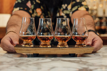 Whiskey Tasting Flight On Wooden Serving Board