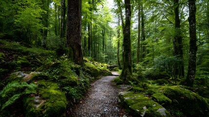 Fototapeta premium Lush green temperate forest scene features a winding footpath surrounded by moss covered rocks and tall trees