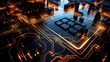 Digital Circuit Board Pattern with Glowing LED Lights
