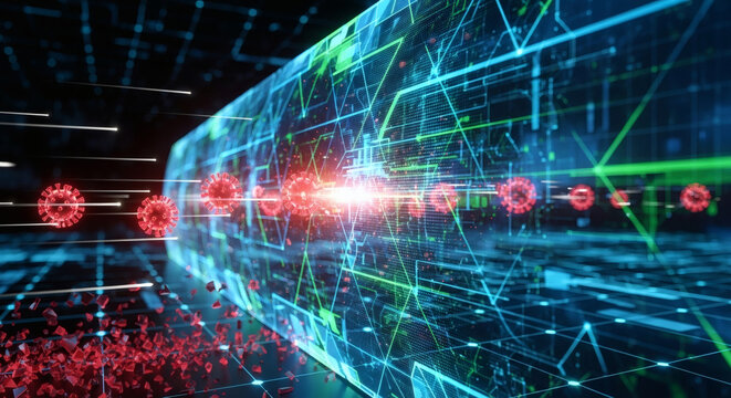 Conceptual illustration of virus cells infiltrating a high-tech digital network, symbolizing the intersection of biological threats and cybersecurity challenges in a globalized world
