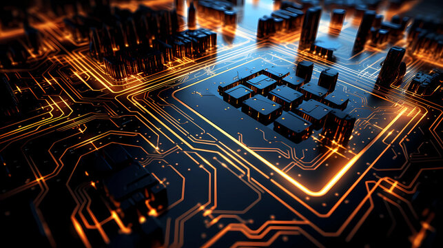 Digital Circuit Board Pattern with Glowing LED Lights