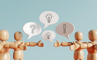 Team collaboration concept showing a productive discussion with questions, ideas, and solutions represented by icons