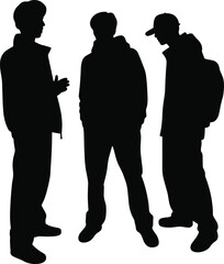 Silhouette, casual people, street style, urban youth, conversation, teamwork, friends, standing pose, jackets, posture, fashion, soc