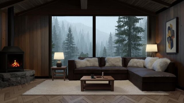 cozy modern living room cabin with fireplace, beautiful hyper relaxing rainy forest view, perfect for yt meditation channels, 4K UHD endless looped animation
