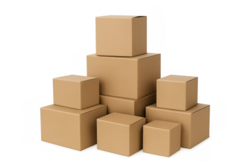 Cardboard boxes stacking, packaging and delivery concept, brown cartons pile, transparent background