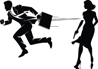Silhouette, dramatic, man running, woman armed, tension, escape, crime, mystery, noir, urban, danger, pursuit, thriller, conflict, suspense, gun, briefcase, dress, shadow, illustration