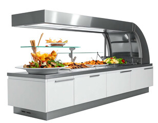 A buffet display featuring various food items arranged on a stainless steel and white cabinet structure