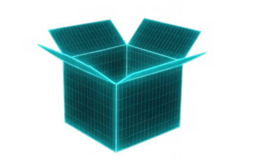 Open glowing futuristic wireframe box showing digital technology, holographic delivery, and virtual security concept