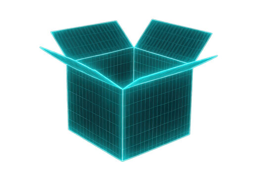 Open glowing futuristic wireframe box showing digital technology, holographic delivery, and virtual security concept