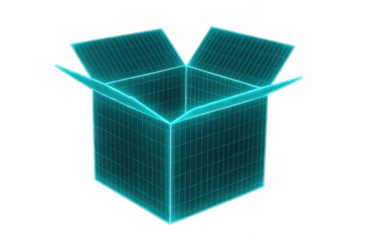 Open glowing futuristic wireframe box showing digital technology, holographic delivery, and virtual security concept