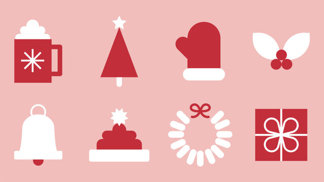 Flat vector icons in red and white, featuring holiday themes like gifts and trees. Simple flat vector style for festive concepts. Cute flat graphic illustration festive holiday and Christmas elements.