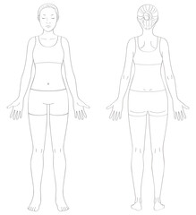 全身の女性線画イラスト（正面＋背面セット・色なし）