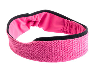 Bright pink elastic headband. Black trim frames textured fabric. Gathering visible on inner lining. Isolated on black background